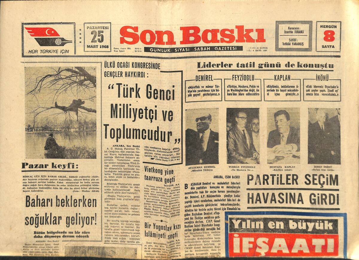 Son Baskı Gazetesi 25 Mart 1968 - Ring Dergisine Göre Clay Yine Şampiyon - Wietkonglar Kendi Esir Kamplarını Bombaladı GZ149996 - 1