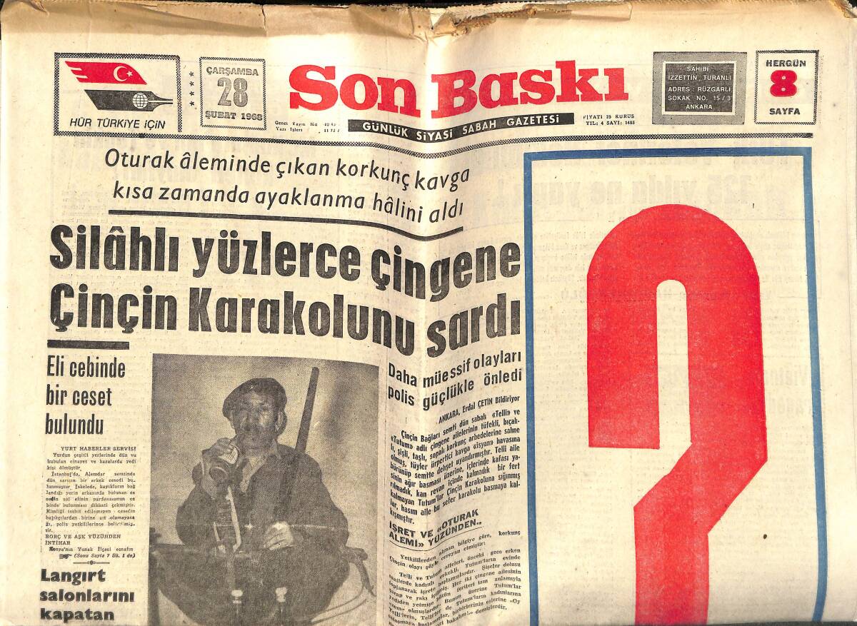 Son Baskı Gazetesi 28 Şubat 1968 - Silahlı Yüzlerce Çingene Çinçin Karakolu Sardı - Melen Paşa'nın Soluna Geçti GZ143275 - 1