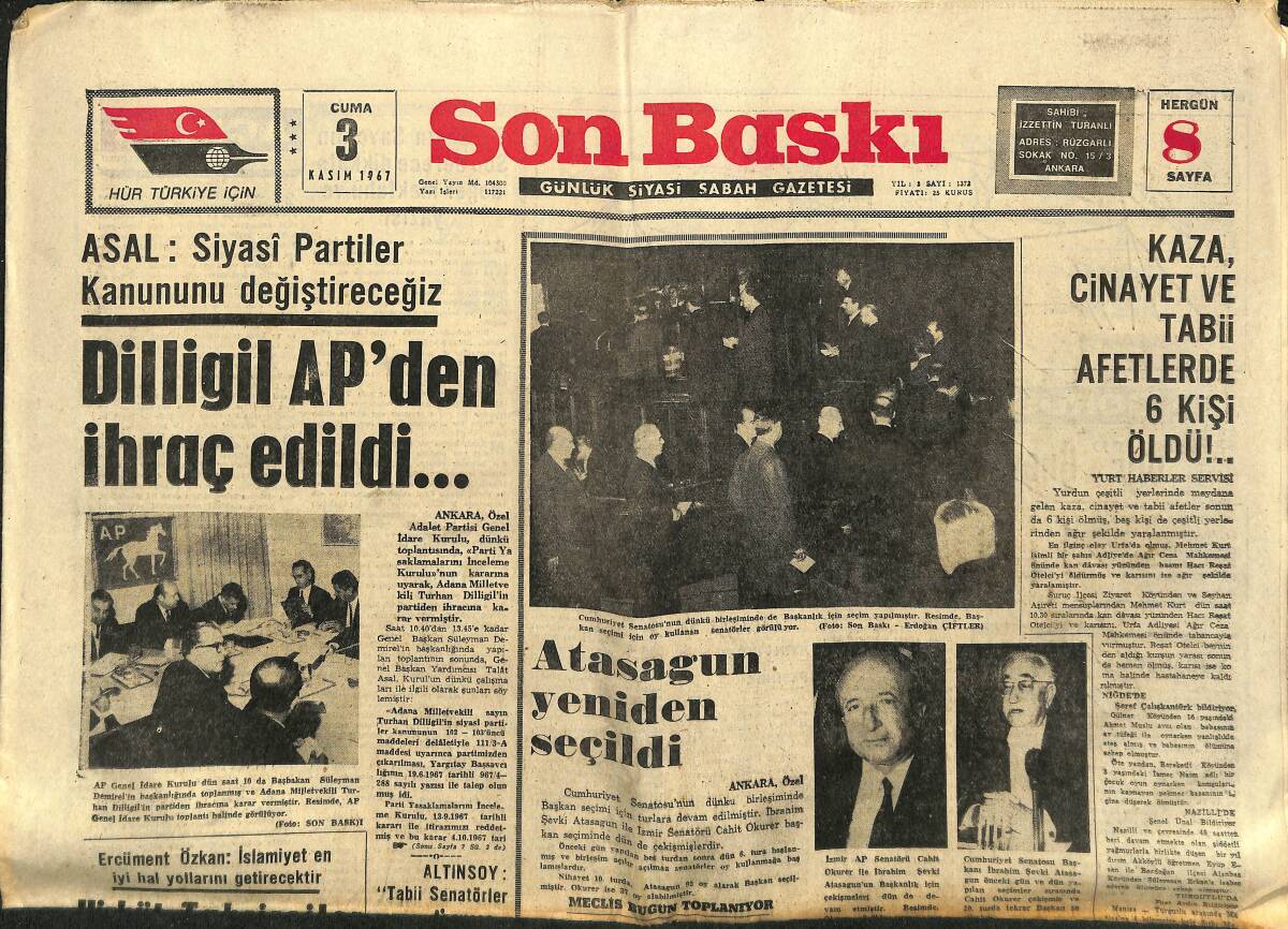 Son Baskı Gazetesi 3 Kasım 1967 - Atasagun Yeniden Seçildi - İplikçi : Çimento Darlığı Giderildi GZ149947 - 1
