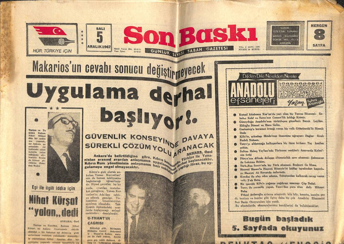 Son Baskı Gazetesi 5 Aralık 1967 - Fenerbahçe Göztepe'yi Büyük Görmüyor - Vance Ve Makarios GZ143294 - 1