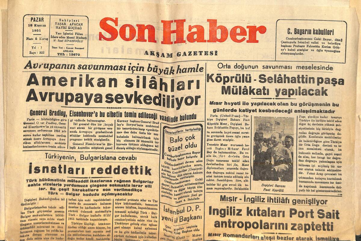 Son Haber Gazetesi 18 Kasım 1951 - Köprülü-Selahattin Paşa Mülakatı Yapılacak - Kore'de Türk Tugayı GZ157102 - 1