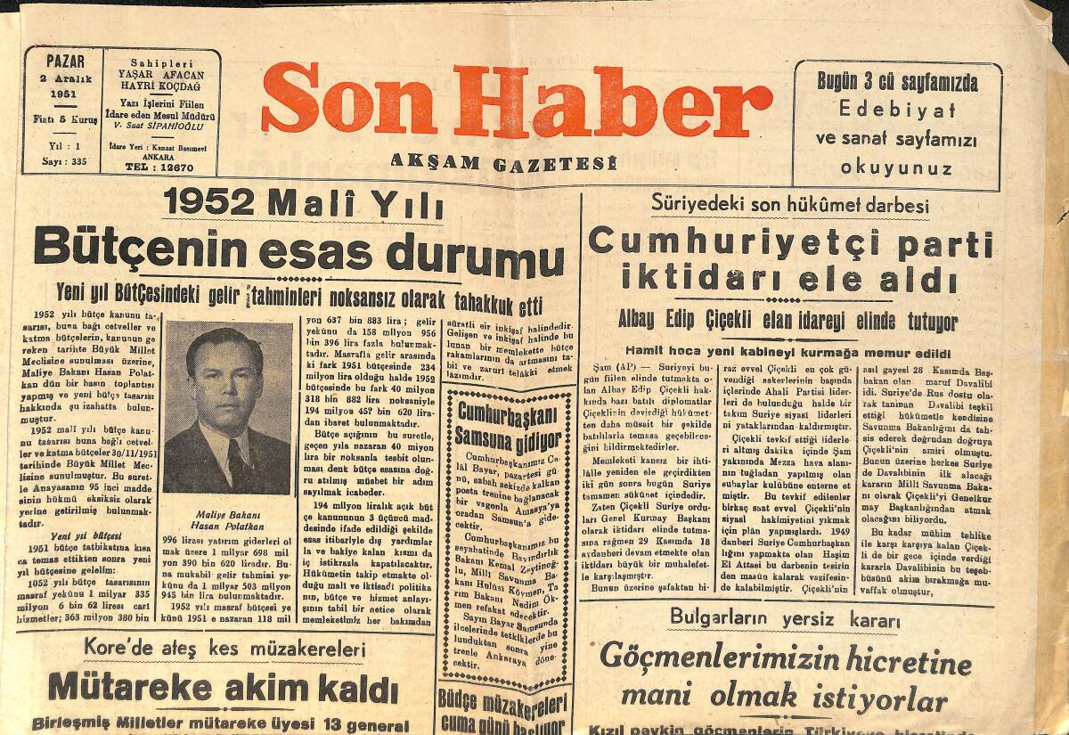 Son Haber Gazetesi 2 Aralık 1951 - Karacebeyi Dün Toprağa Verdik - Cumhuriyetçi Parti İktidarı Ele Aldı GZ157098 - 1
