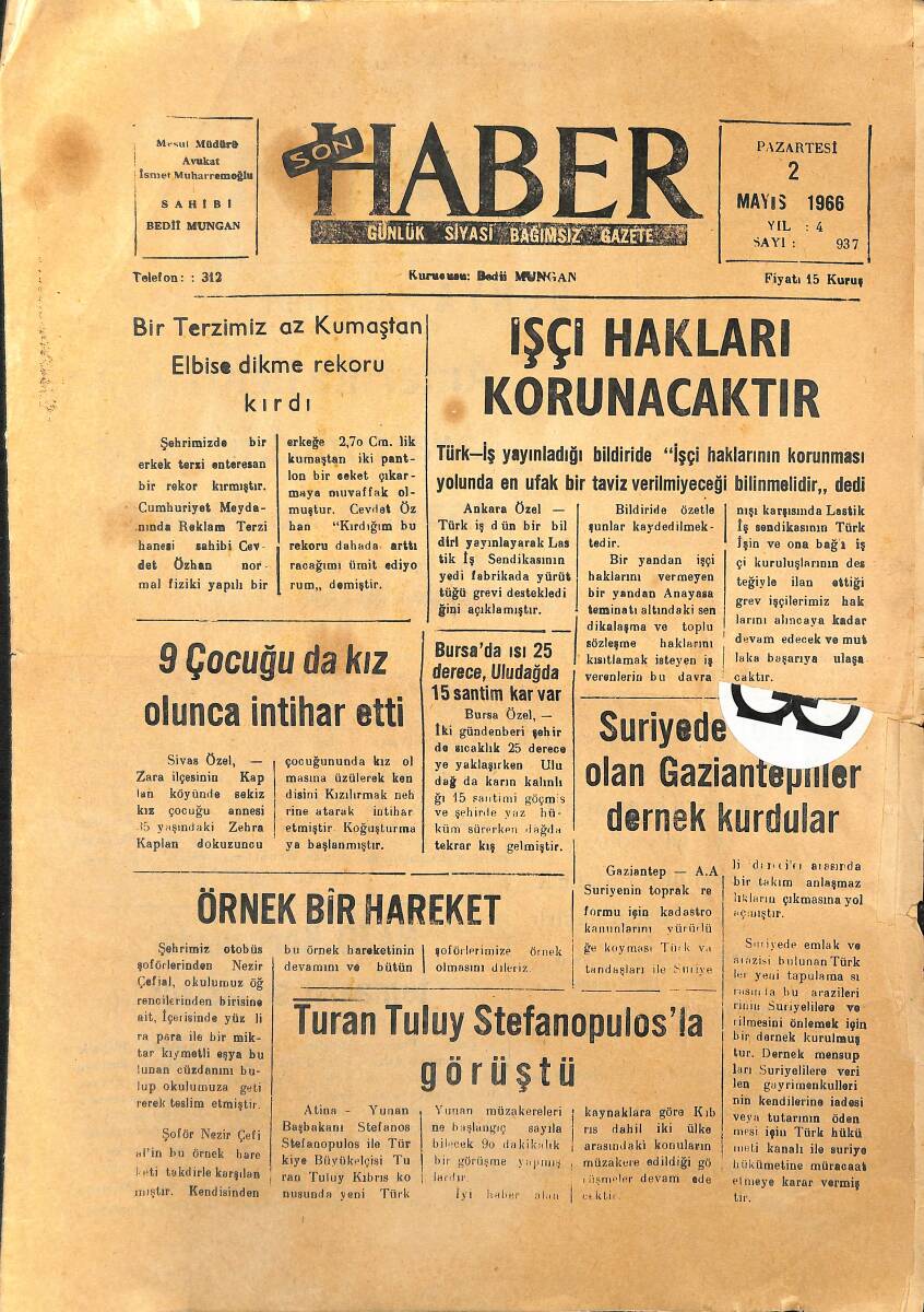 Son Haber Gazetesi 2 Mayıs 1966 - Suriye'de Toprağı Olan Gaziantepliler Dernek Kurdular - Mersin'den Yapılan Pamuk İhracatı GZ154422 - 1