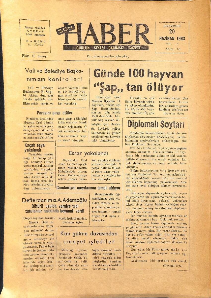 Son Haber Gazetesi 20 Haziran 1963 - Fenerbahçe 1-1 Galatasaray - Günde 100 Hayvan Şap'tan Ölüyor GZ154443 - 1