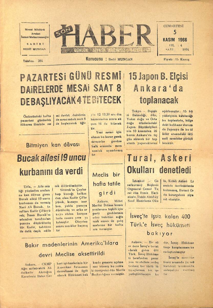 Son Haber Gazetesi 5 Kasım 1966 - 15 Japon B. Elçisi Ankara'da Toplanacak - Cemal Tural Askeri Okulları Denetledi GZ136593 - 1