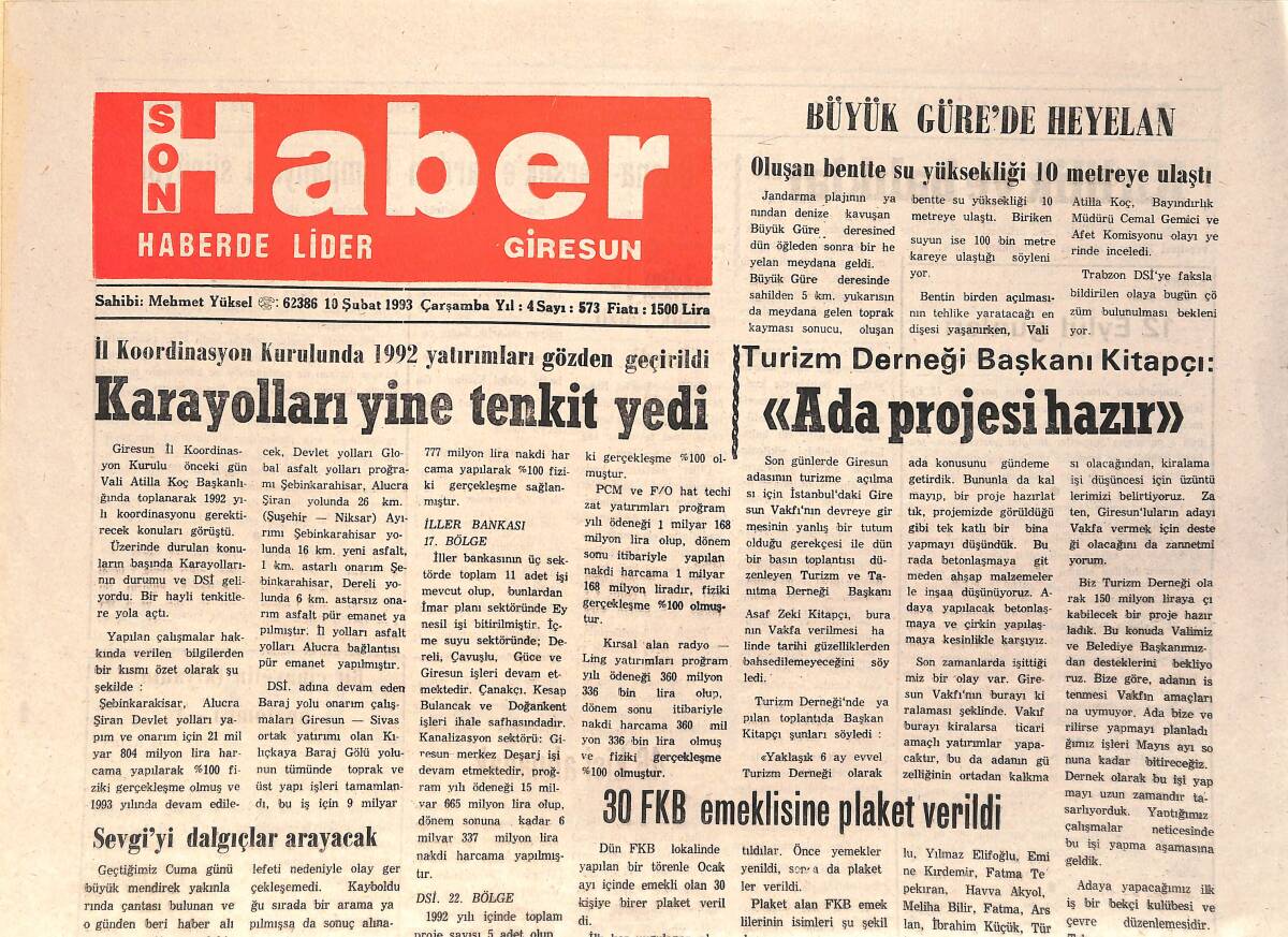 Son Haber Giresun Gazetesi 10 Şubat 1993 - 30 FKB Emeklisine Plaket Verildi - Ada Projesi Hazır GZ3369 - 1