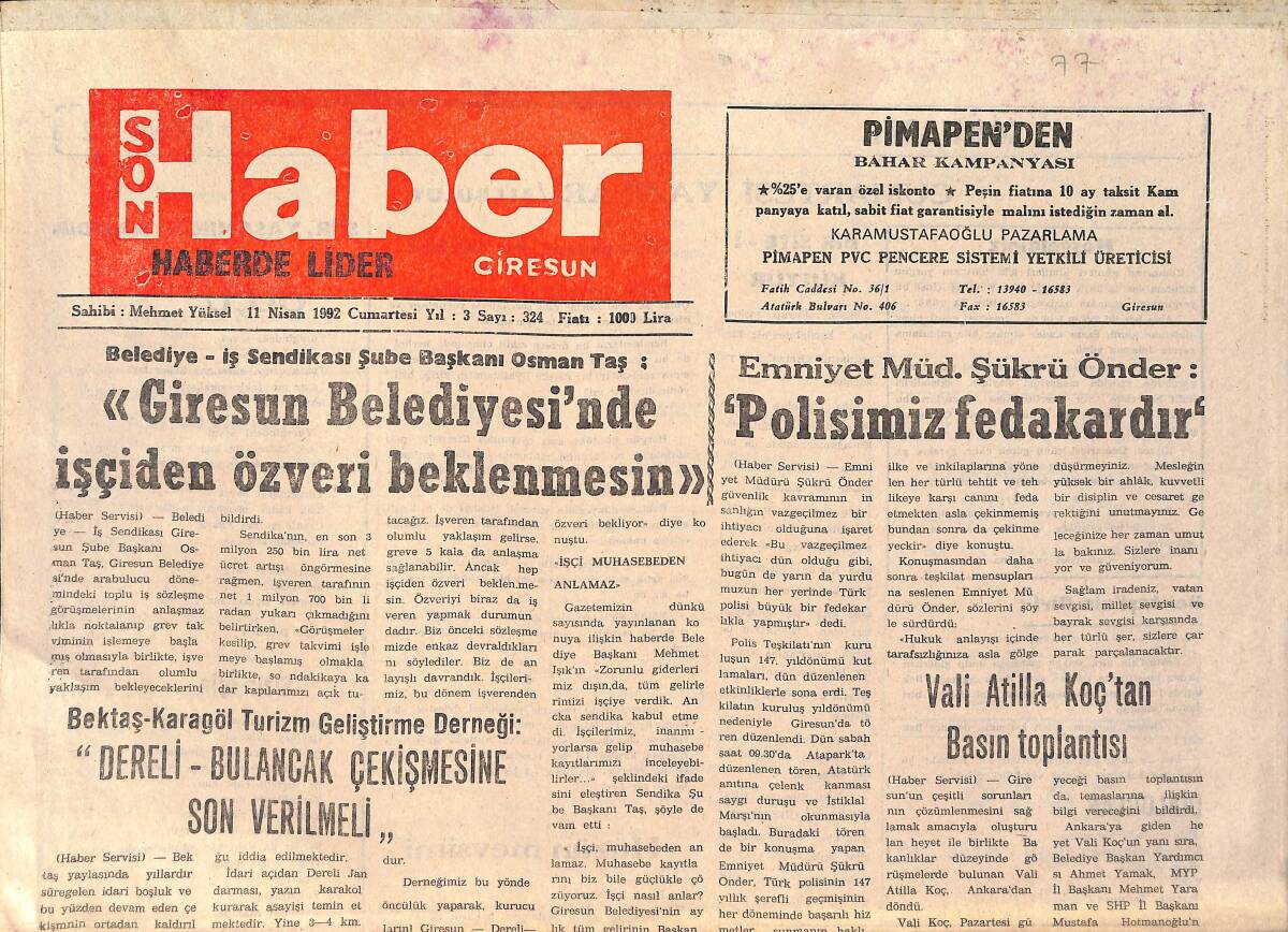 Son Haber Giresun Gazetesi 11 Nisan 1992 - Fındık, 8 Liraya Tırmanıyor - Tirebolusporlu Tuğrul'a 6 Maç Ceza GZ2016 - 1