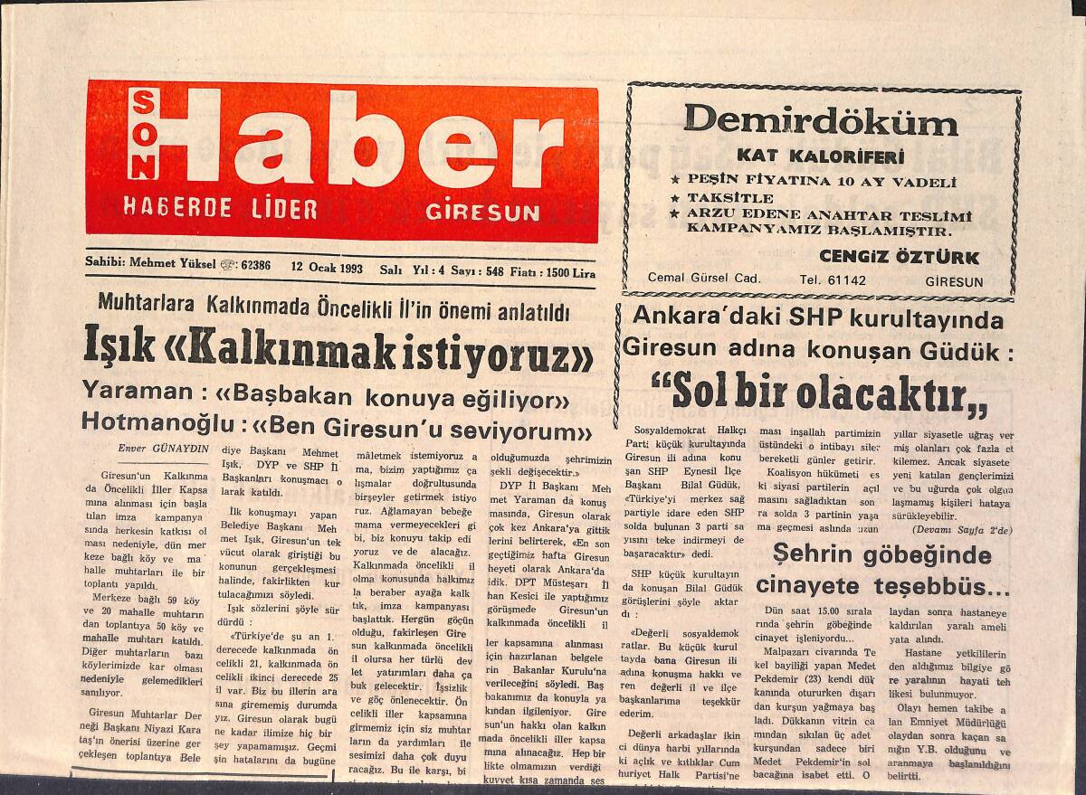 Son Haber Giresun Gazetesi 12 Ocak 1993 - Işık: Kalkınmak İstiyoruz - Tirebolu Cinayetinde Esrar Perdesi Çözülmedi GZ2966 - 1