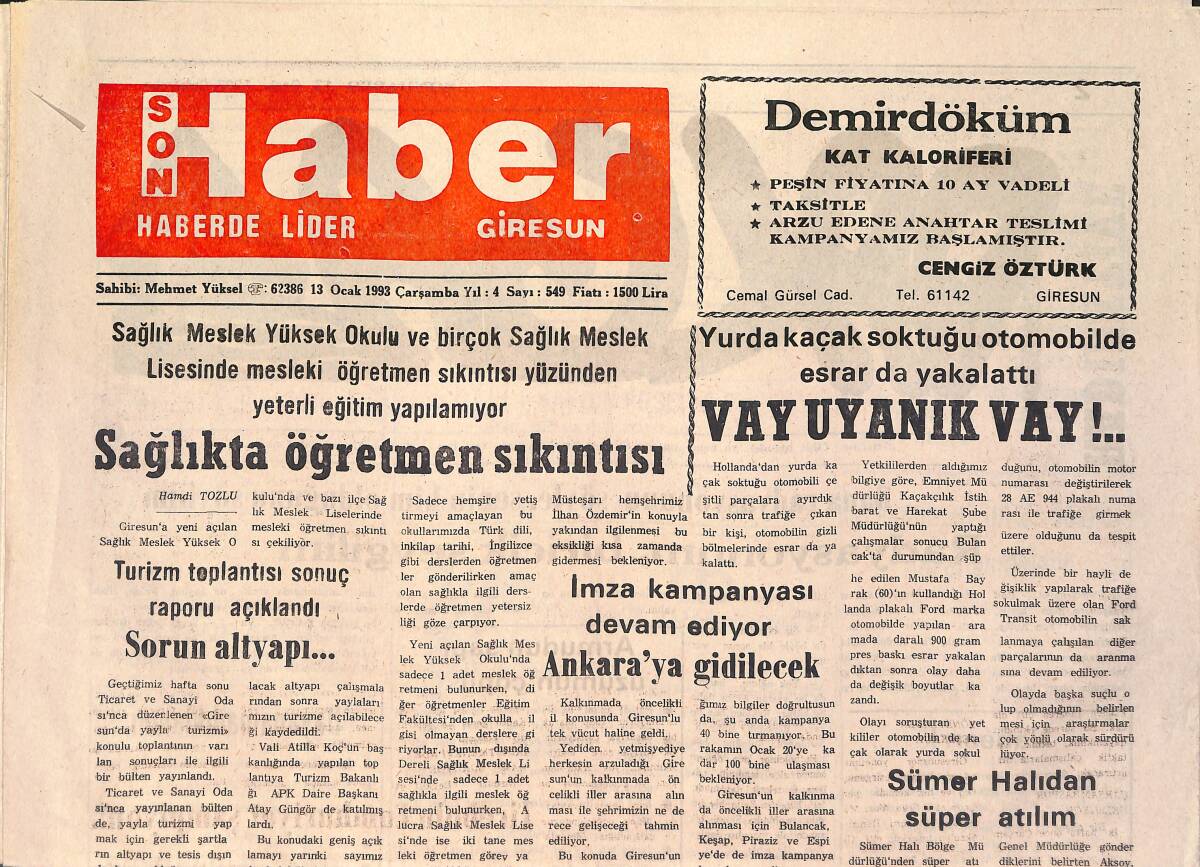 Son Haber Giresun Gazetesi 13 Ocak 1993 - Akın Karaibrahimoğlu Şehrimizde - Çarşambaspor Gelmiyor GZ2965 - 1