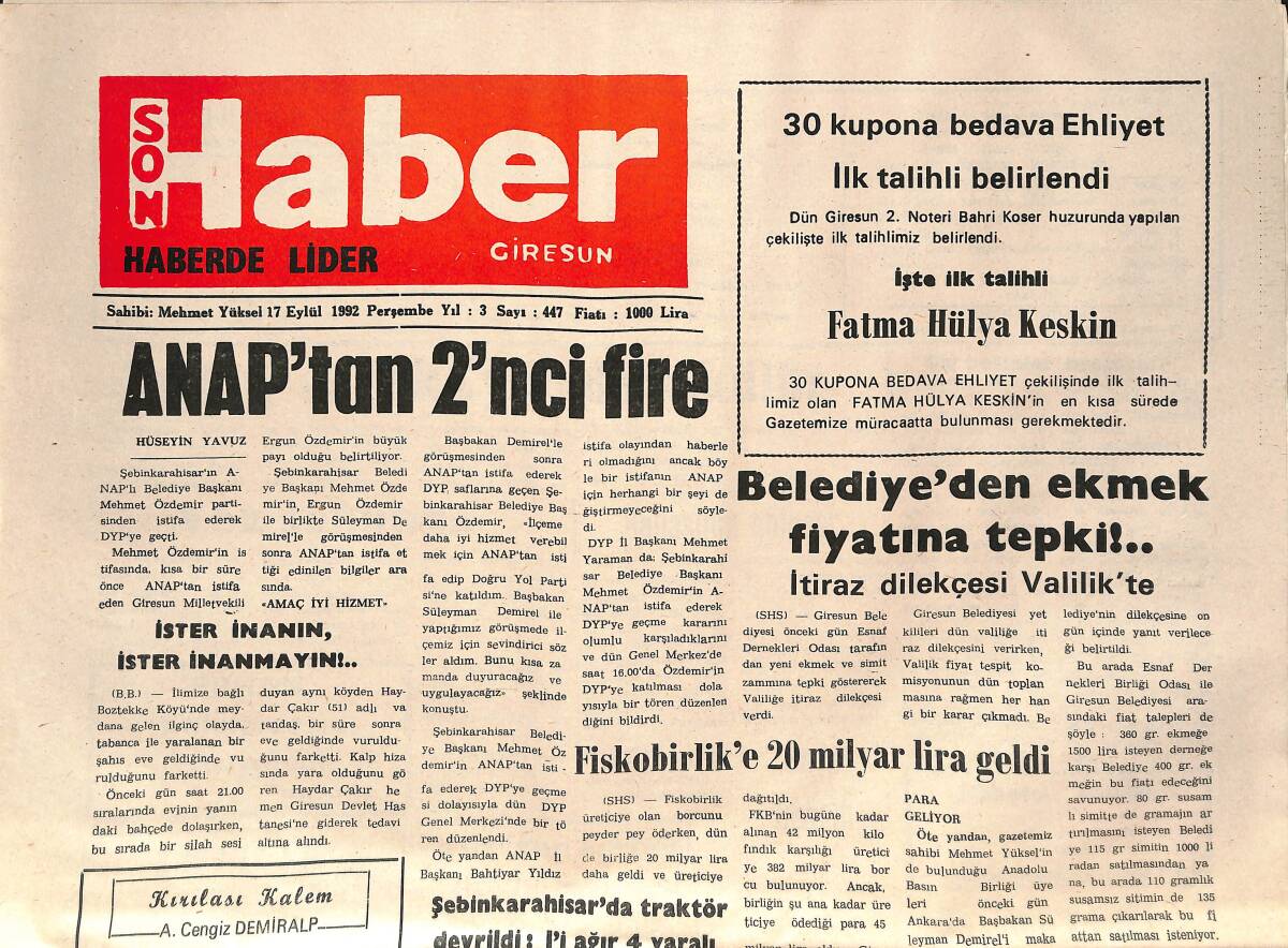 Son Haber Giresun Gazetesi 17 Eylül 1992 - ANAP'tan 2'nci Fire - Fiskobirlik'e 20 Milyar Lira Geldi GZ137701 - 1