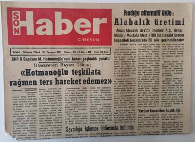 Son Haber Giresun Gazetesi 26 Temmuz 1991 - Fındığa Alternatif Ürün Alabalık Üretimi GZ31227 - 1