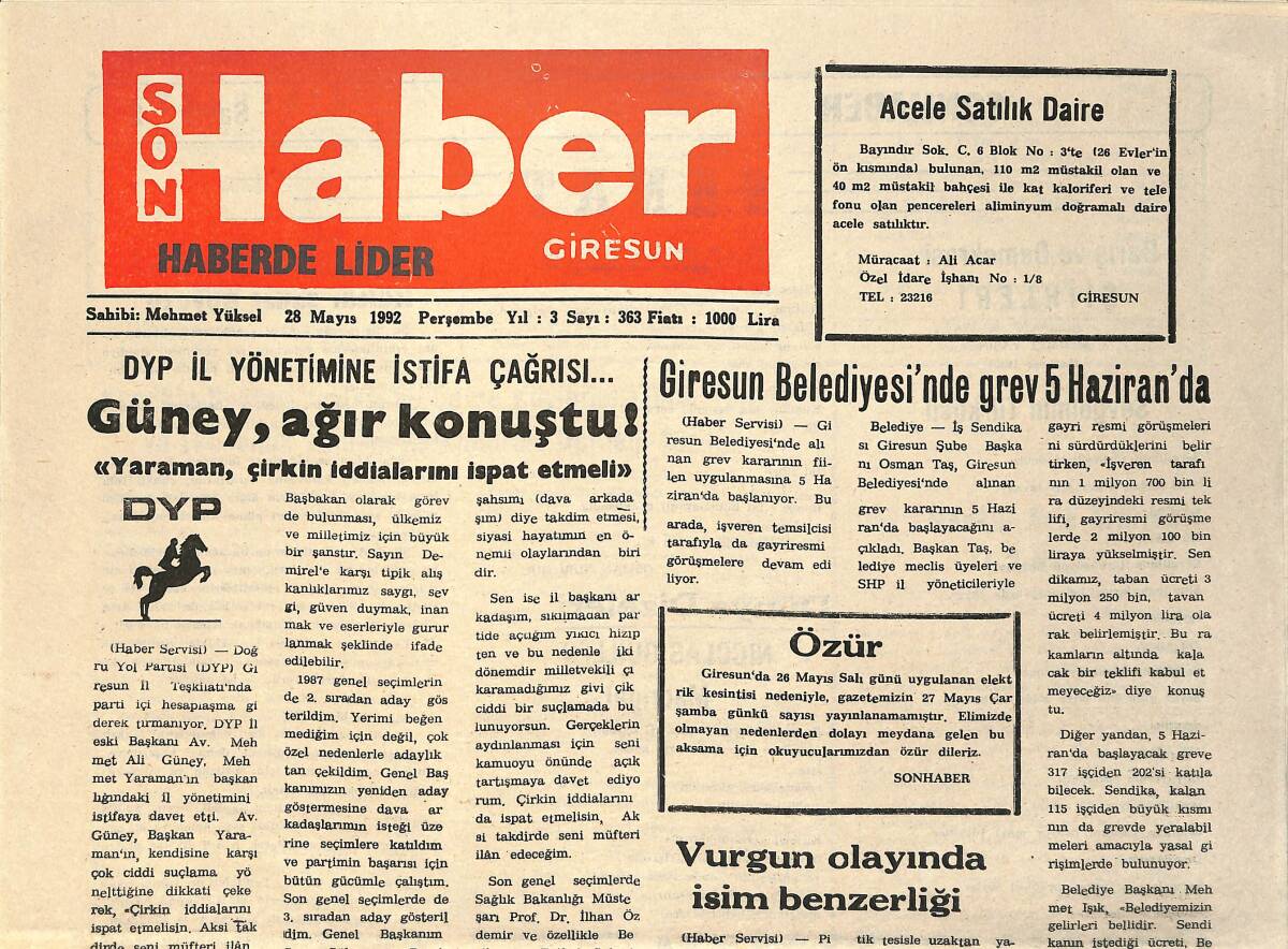 Son Haber Giresun Gazetesi 28 Mayıs 1992 - Giresun Belediyesi'nde Grev 5 Haziran'da - Alucra Kaymakamlık Kupası Sahibini Buldu GZ2639 - 1