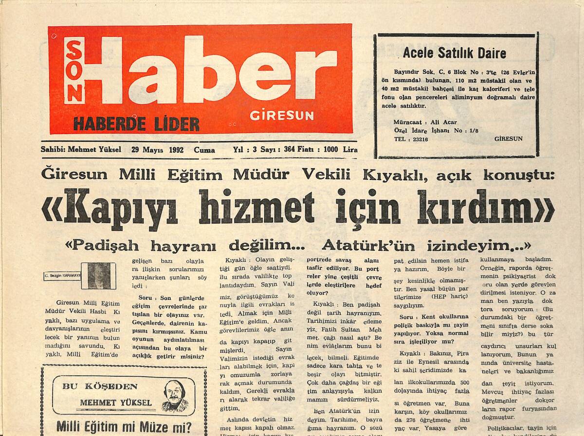 Son Haber Giresun Gazetesi 29 Mayıs 1992 - İki Kişiyi Vuran Piraziz Belediye Başkanı Çatal: Ahlaksızlığa Asla İzin Vermem GZ2637 - 1