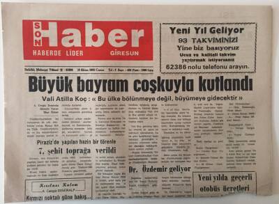 Son Haber Giresun Gazetesi 30 Ekim 1992 - Büyük Bayram Coşkuyla Kutlandı GZ31225 - 1