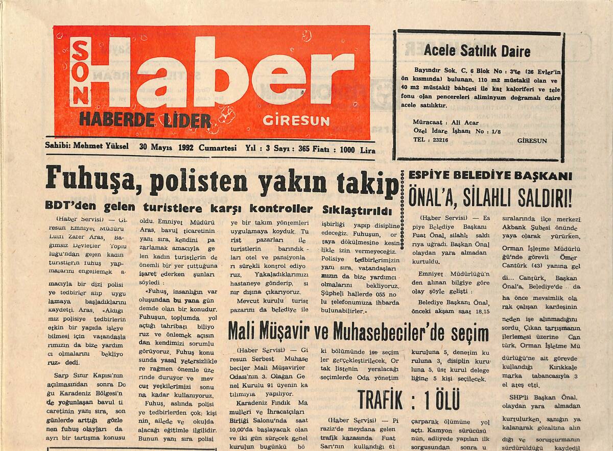 Son Haber Giresun Gazetesi 30 Mayıs 1992 - Espiye Belediye Başkanı Önal'a Silahlı Saldırı GZ2638 - 1