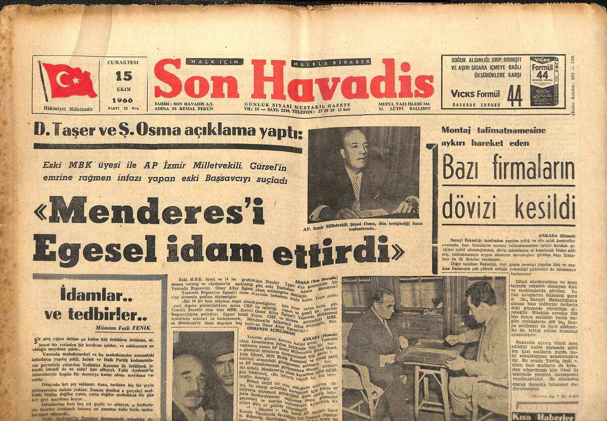 Son Havadis 15 Ekim 1966 - Adnan Menderes'i Egesel İdam Ettirdi - Milli Takım Dün Dinlendi - Beşiktaş İki macar Futbolcuyu Alıyor! GZ142962 - 1