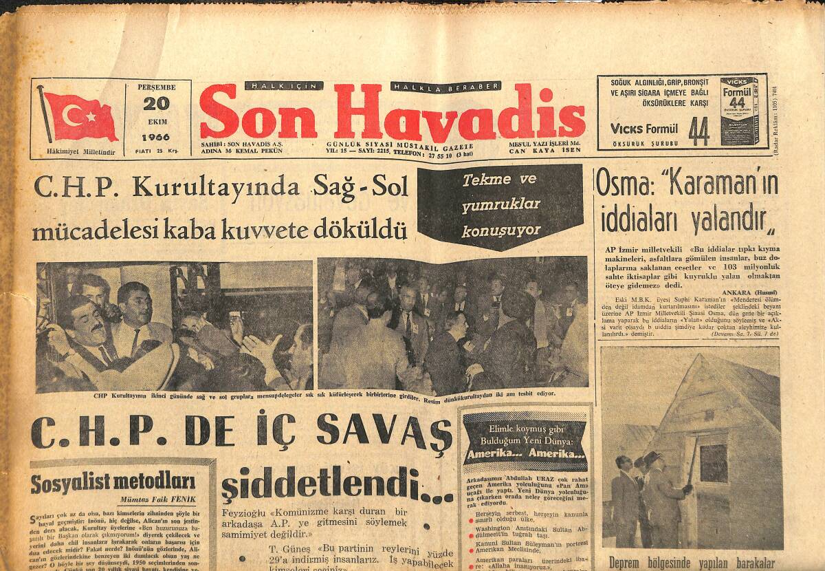 Son Havadis 20 Ekim 1966 - CHP'DE İç Savaş Şiddetlendi - Rusya Zaferi Yeşilköy'de Kutlandı!- Beşiktaş Kampa Girdi! GZ142963 - 1