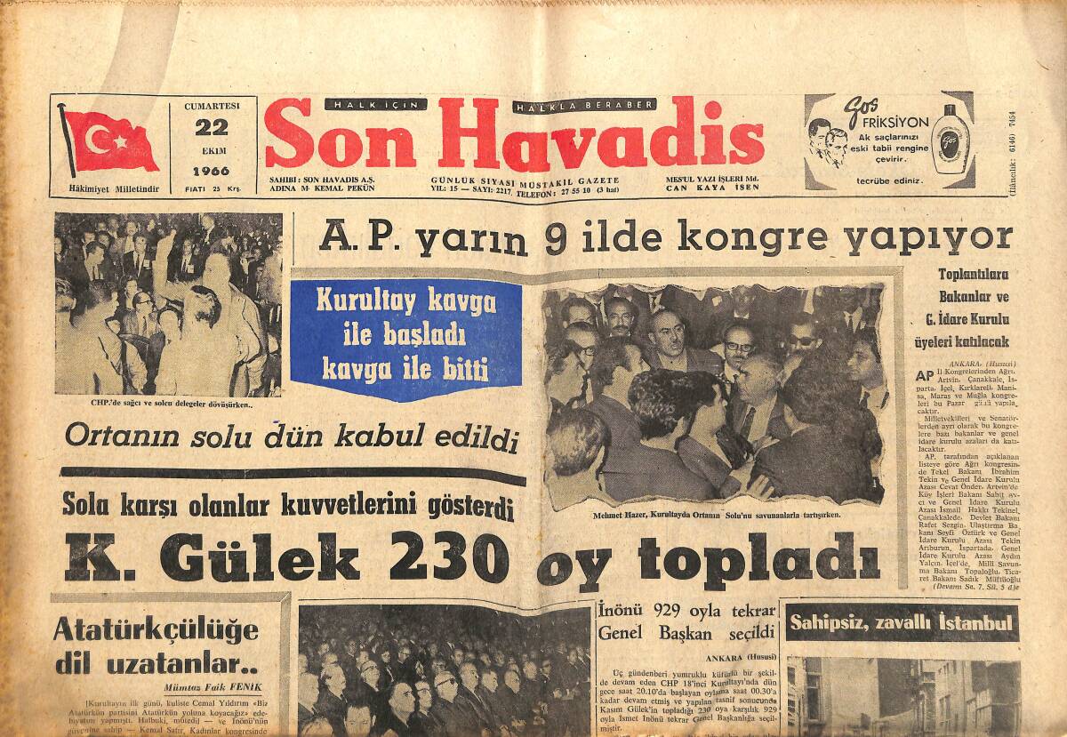 Son Havadis 22 Ekim 1966 - Kasım Gülek 230 Oy Topladı - Beşiktaş Kongresi Dün İptal Edildi! GZ142965 - 1
