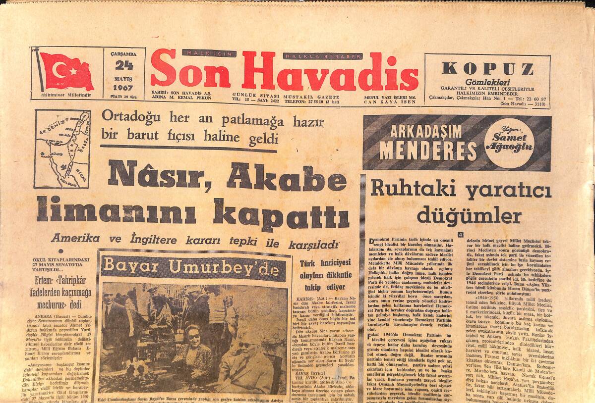 Son Havadis 24 Mayıs 1967 - Fenerbahçe Can'ı Bugün Bekliyor - Nasır, Akabe Limanını Kapattı GZ156843 - 1
