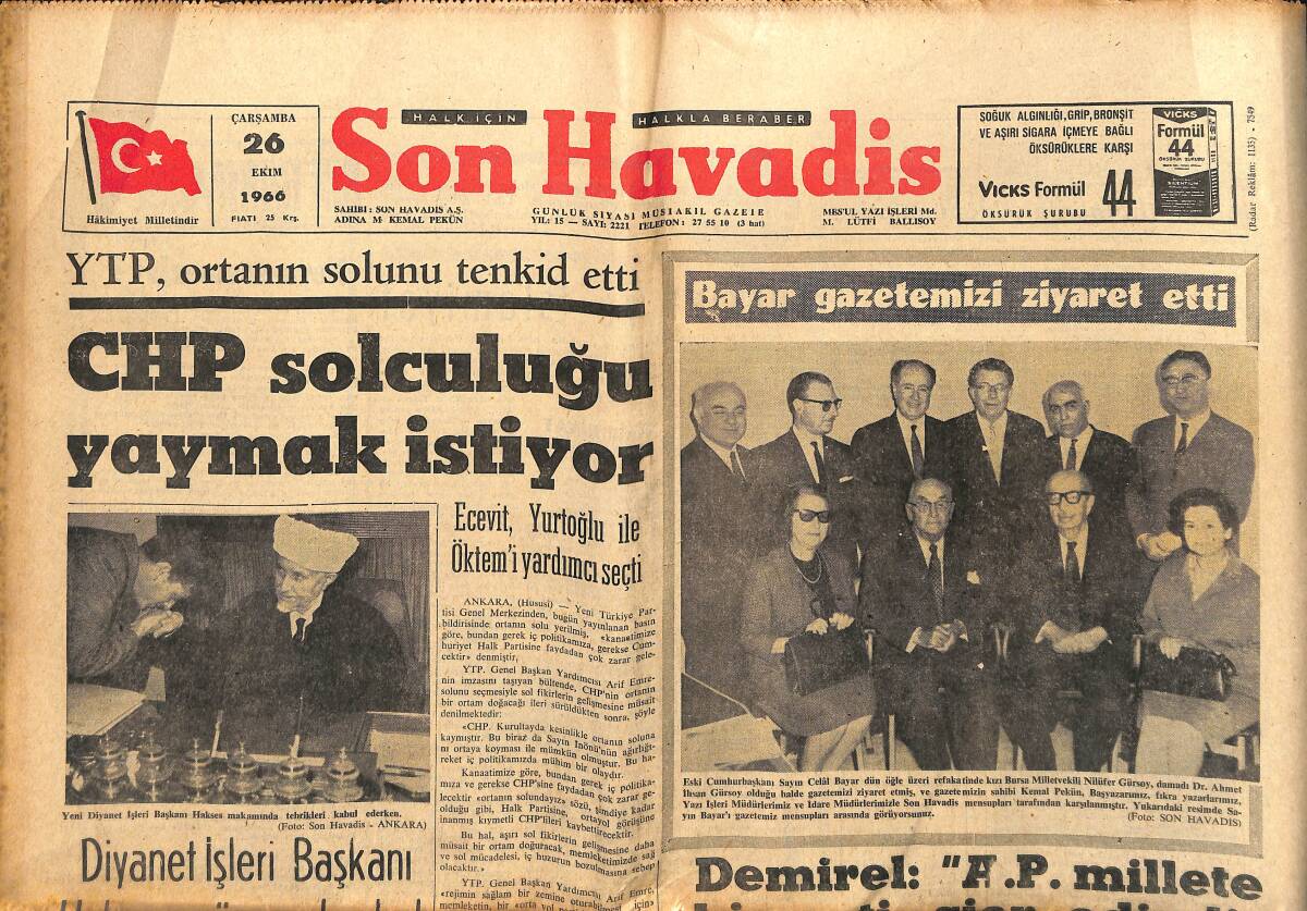 Son Havadis 26 Ekim 1966 - CHP Solculuğu Yaymak İstiyor - Diyanet İşleri Başkanı Hakses Göreve Başladı! GZ142969 - 1