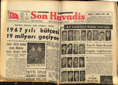Son Havadis Gazetesi 1 Aralık 1966 - 1967 Yılı Bütçesi 19 Milyarı Geçiyor GZ59530 - 1