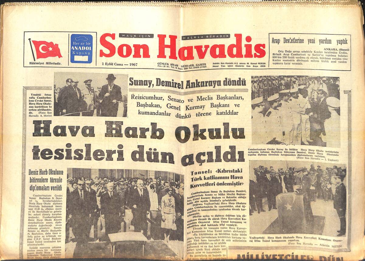 Son Havadis Gazetesi 1 Eylül 1967 - Hava Harp Okulu Tesisleri Dün Açıldı - Cüneyt Arkın'la Güzel Sanatçı Hülya Koçyiğit, Romantik Bir Sahnede GZ143065 - 1