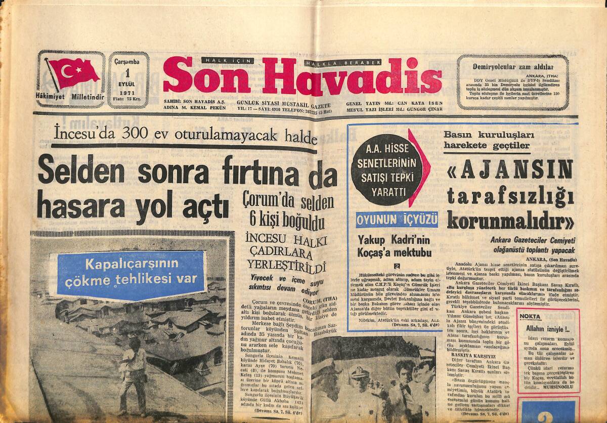 Son Havadis Gazetesi 1 Eylül 1971 - Kapalıçarşı'nın Çökme Tehlikesi Var - İncesu'da 300 Ev Oturulamayacak Halde GZ141100 - 1