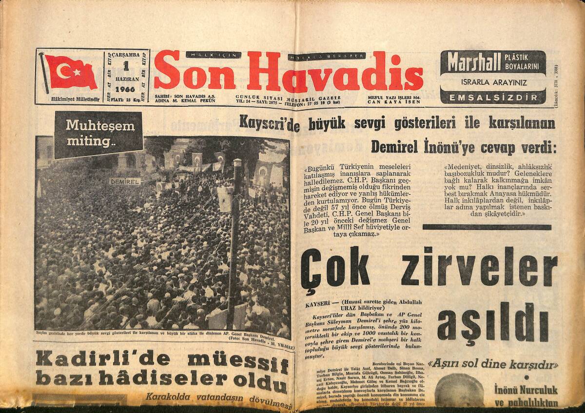 Son Havadis Gazetesi 1 Haziran 1966 - Kadirli'de Müessif Bazı Hadiseler Oldu - Türkeş , Affın Daha Geniş Olmasını İstedi GZ160438 - 1