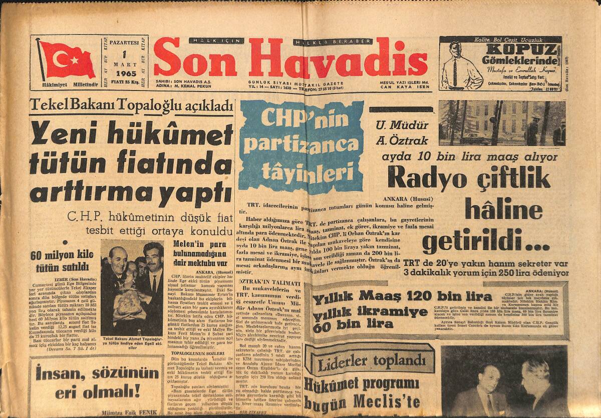 Son Havadis Gazetesi 1 Mart 1965 - Tekel Bakanı Topaloğlu Açıkladı : Yeni Hükümet Tütün Fiatında Arttırma Yaptı GZ158822 - 1