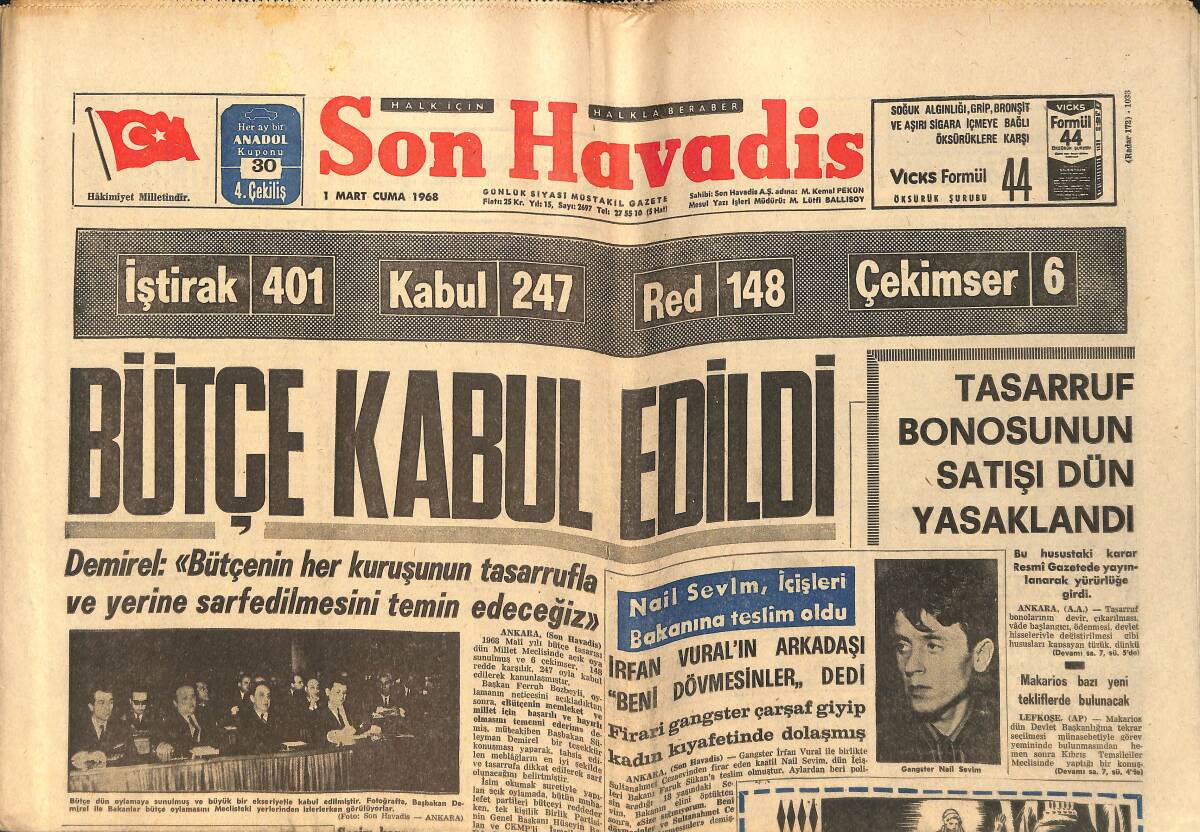 Son Havadis Gazetesi 1 Mart 1968 - Molnar'ın Evinde Bile Metin Korkusu Vardı !.. GZ158777 - 1