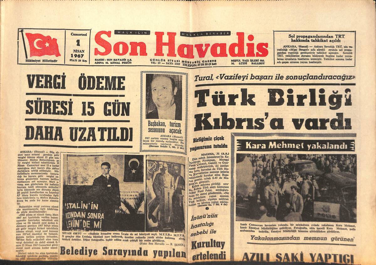 Son Havadis Gazetesi 1 Nisan 1967 - Kara Mehmet Yakalandı - Rus Mareşali Malinovski Öldü - Ayhan Işık GZ132744 - 1
