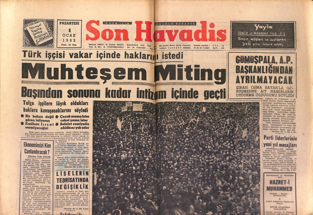 Son Havadis Gazetesi 1 Ocak 1962 - Beşiktaş 1961 Yılını Dün Zaferle Kapadı - 1962 Yılının İlk Dev Maçı Fenerbahçe-Galatasaray GZ149278 - 1