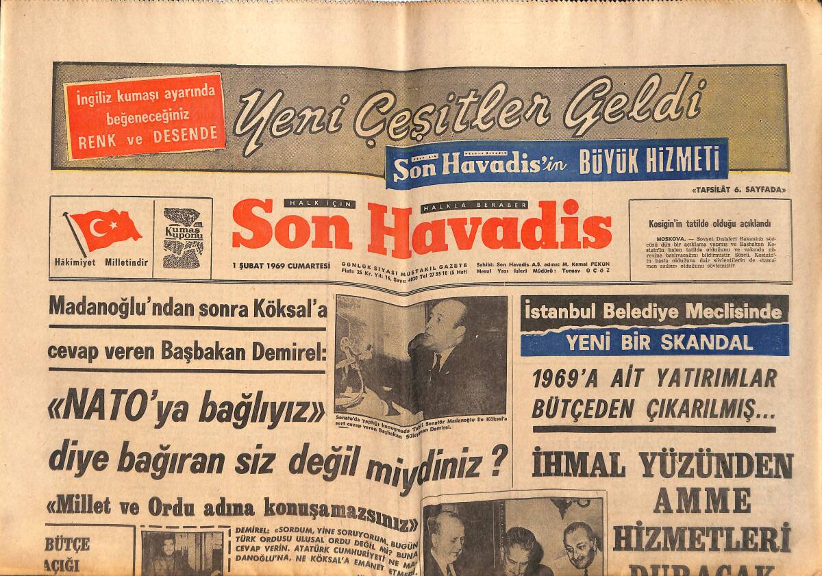 Son Havadis Gazetesi 1 Şubat 1969 - Cüneyt Arkın Ve Türkân Şoray Romantik Bir Aşk Sahnesinde - Galatasaray-Beşiktaş Yarın Oynuyor GZ158773 - 1