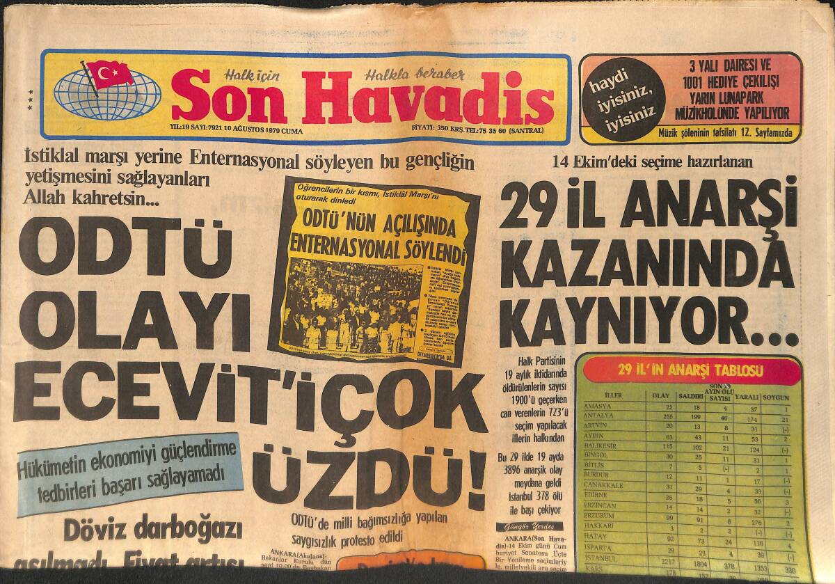 Son Havadis Gazetesi 10 Ağustos 1979 - ODTÜ Olayı Ecevit'i Çok Üzdü - İran'da 7 Kişi Daha Kurşuna Dizildi GZ133866 - 1