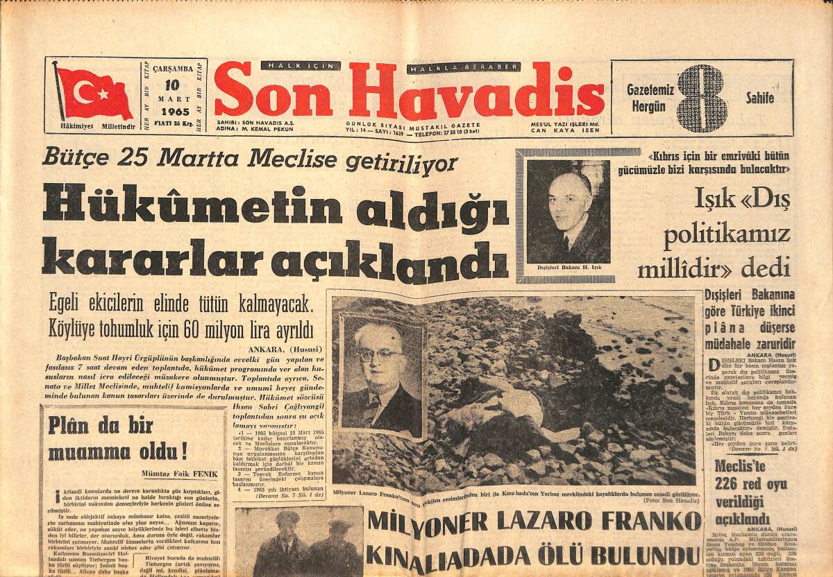 Son Havadis Gazetesi 10 Mart 1965 - Milyoner Lazaro Franko Kınalıada'da Ölü Bulundu GZ158867 - 1