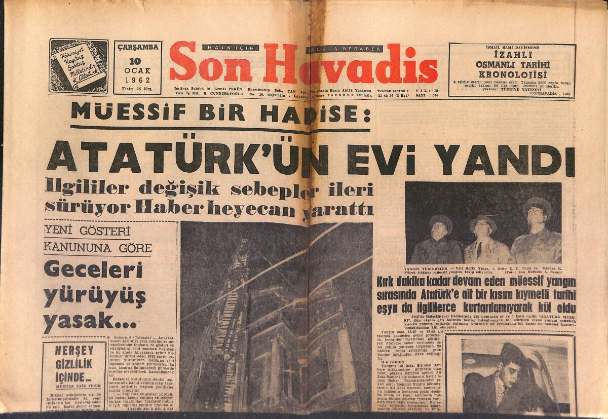 Son Havadis Gazetesi 10 Ocak 1962 - Atatürk'ün Evi Yandı - Milan Fenerbahçe'ye İki Maç Teklif Etti GZ149276 - 1