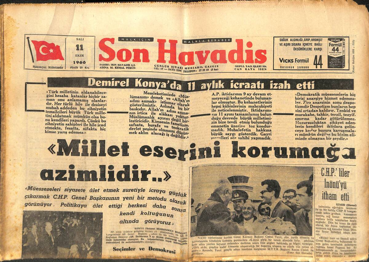 Son Havadis Gazetesi 11 Ekim 1966 - Demirel Konya'da 11 Aylık İcraatı İzah Etti - Alman Gol Kralı Müller: Spor Hayatında 500 Gol Atacağım! GZ142959 - 1