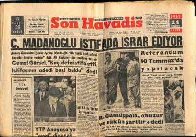 Son Havadis Gazetesi 11 Haziran 1961 - Cemal Madanoğlu İstifada Israr Ediyor GZ56514 - 1