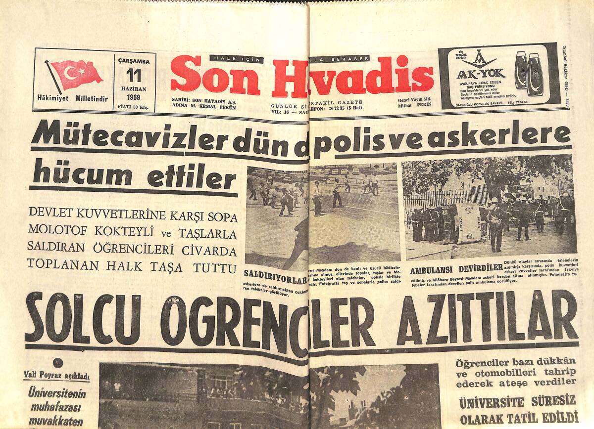 Son Havadis Gazetesi 11 Haziran 1969 - Solcu Öğrenciler Azıttılar - Huveyda Ankara'da GZ142891 - 1