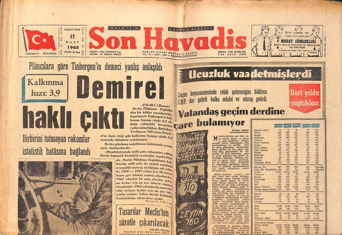 Son Havadis Gazetesi 11 Mart 1965 - Zelzele Yunanistanda Can Kaybına Yol Açtı - Ege'deki Tütünün Tamamı Satıldı GZ158868 - 1