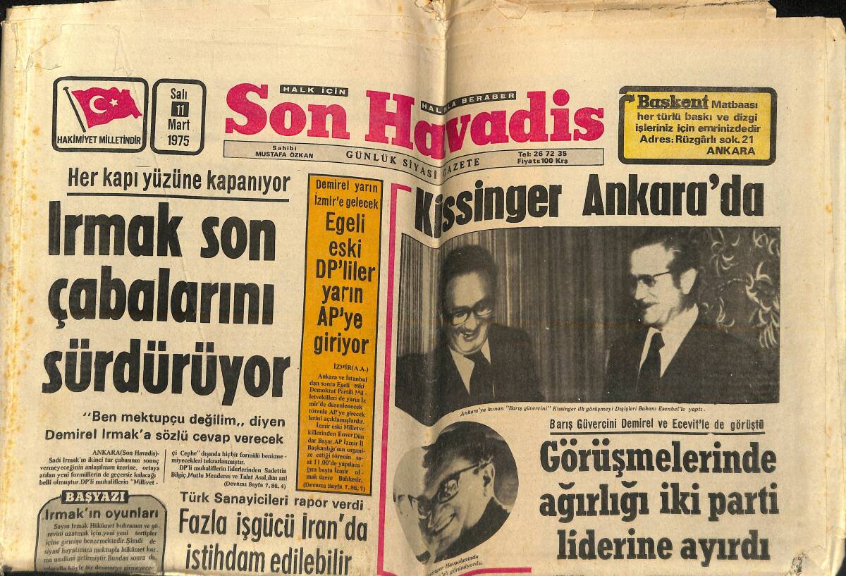 Son Havadis Gazetesi 11 Mart 1975 - Egeli Eski DP'liler Yarın AP'ye Giriyor GZ160279 - 1