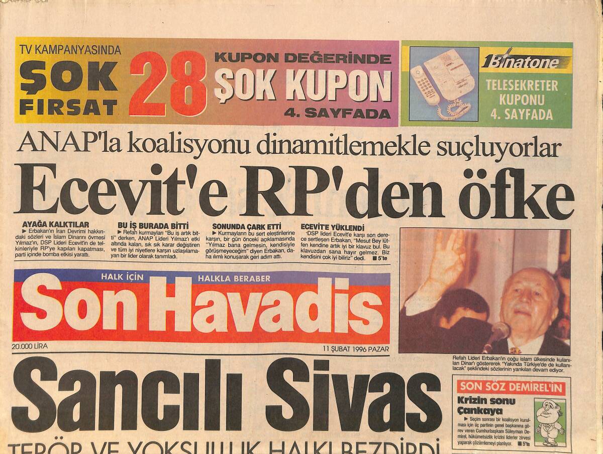Son Havadis Gazetesi 11 Şubat 1996 - Hülya Avşar'ın Zor Rolü - Çiller'den Büyük Özveri - Cimbom'a Hava Geldi GZ2550 - 1