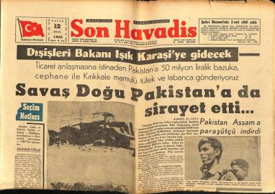 Son Havadis Gazetesi 12 Eylül 1965 - Savaş Doğu Pakistana da Sirayet Etti... GZ65786 - 2