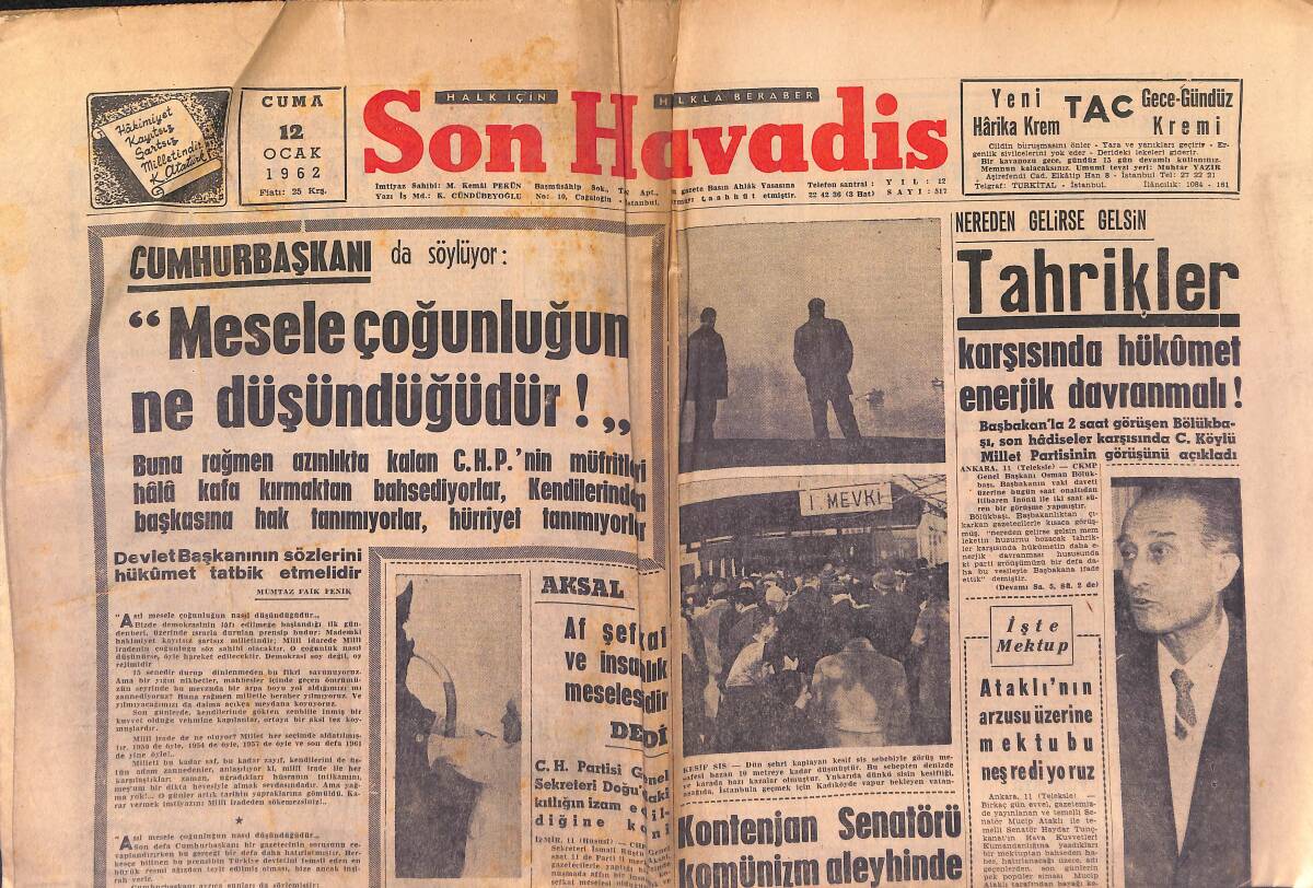 Son Havadis Gazetesi 12 Ocak 1962 - Menderes Ailesine Yardım İçin Bir Cemiyet Kurulacak - Brigitte Bardot'un Her Hareketi Heyecan Uyandırıyor GZ149275 - 1