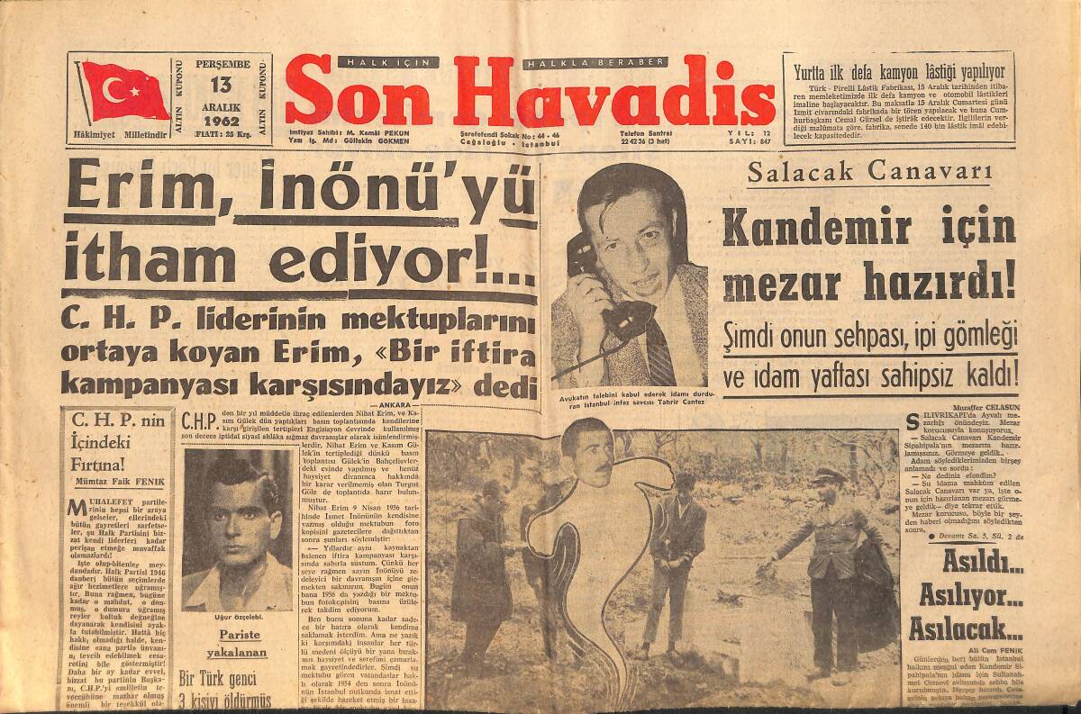 Son Havadis Gazetesi 13 Aralık 1962 - Kürtlük Damgası - Salacak Canavarı Kandemir İçin Mezar Hazırdı GZ156626 - 1