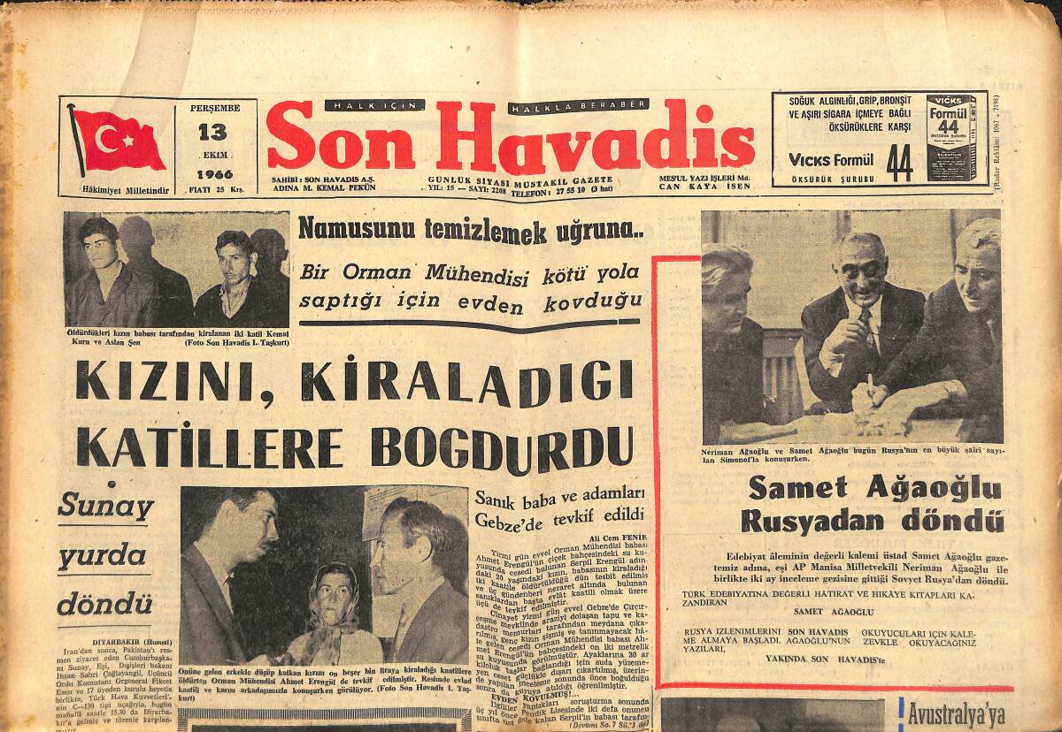 Son Havadis Gazetesi 13 Ekim 1966 - Samet Ağaoğlu Rusya'dan Döndü - Ordu Senatörü Eşref Ayhan AP'Ne Girdi GZ142961 - 1