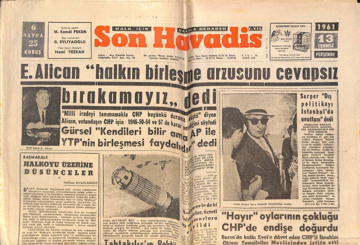 Son Havadis Gazetesi 13 Temmuz 1961 - M. Toker CHP İçinde Mesele Haline Geldi! - 'Hayır! Oylarının Çokluğu CHP'DE Endişe Doğurdu! GZ146468 - 1