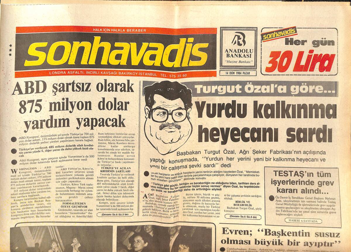 Son Havadis Gazetesi 14 Ekim 1984 - ABD Şartsız Olarak 875 Milyon Dolar Yardım Yapacak - Nilüfer-Logan Elele GZ144196 - 1
