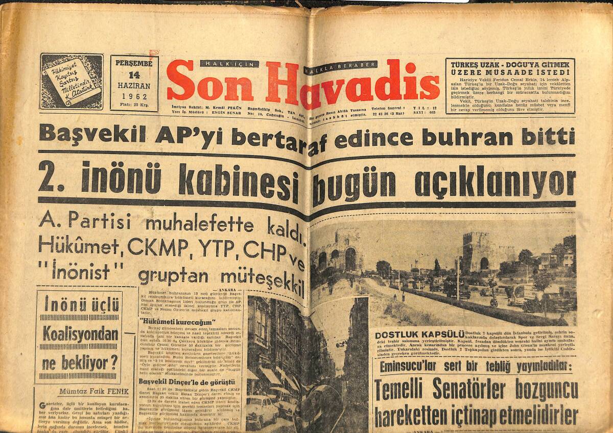Son Havadis Gazetesi 14 Haziran 1962 - Fransız Mebusları Meclisi Terkettiler - 2.İnönü Kabinesi Bugün Açıklanıyor GZ143363 - 1