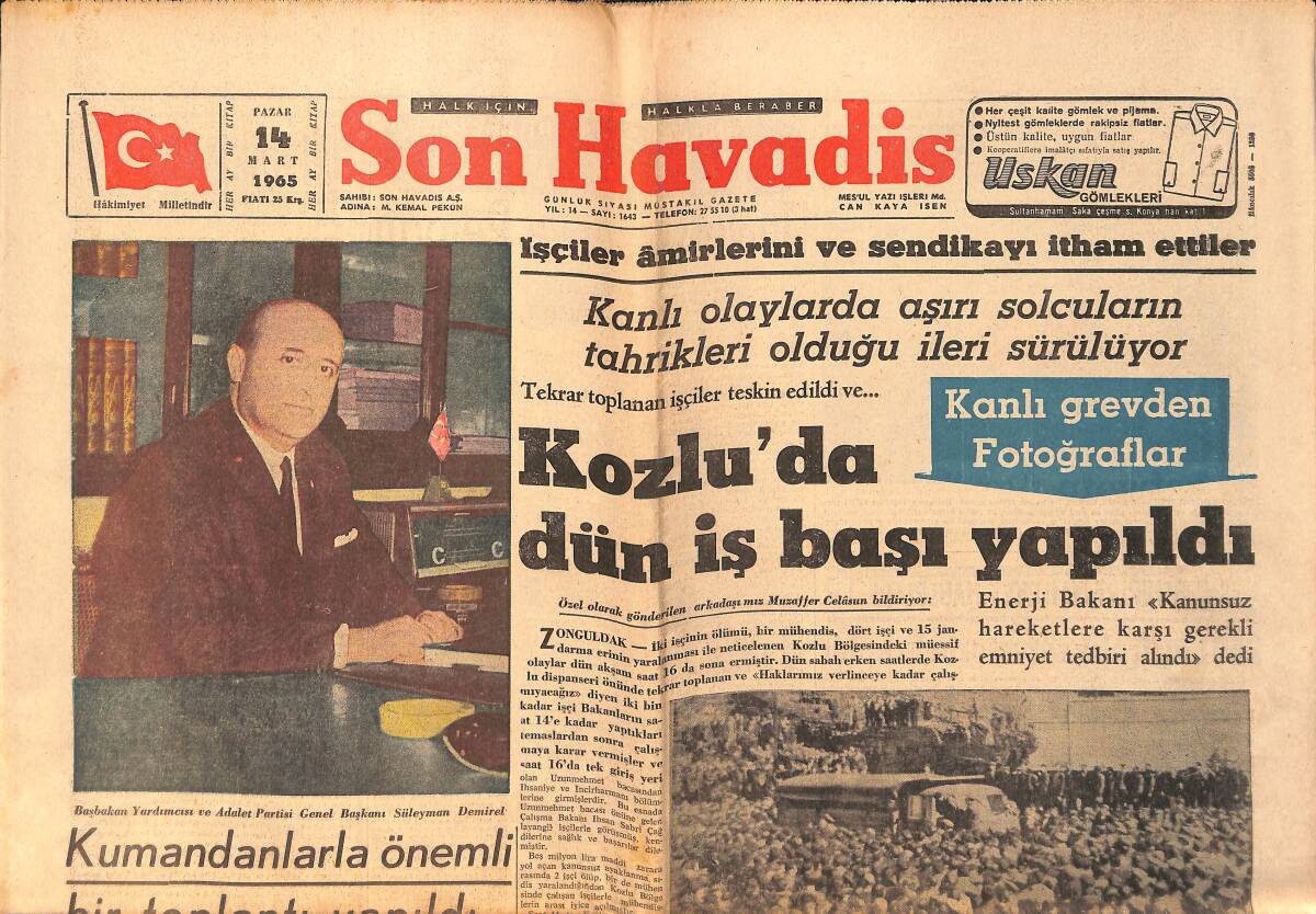 Son Havadis Gazetesi 14 Mart 1965 - Kadıköy Sağlık Kolejinde Gece Kanlı Bir Kavga Oldu - Kozlu'da Dün İşbaşı Yapıldı GZ158871 - 1